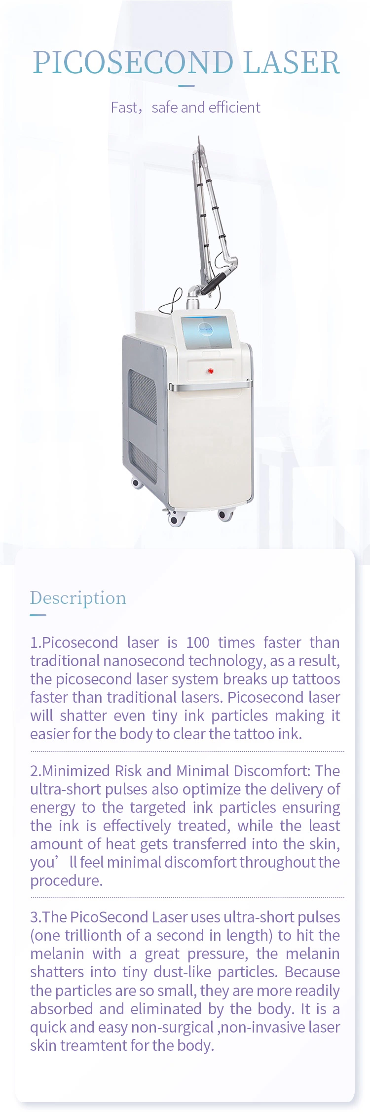 Q-Switched ND: YAG Picosecond Laser Machine Tattoo Removal Laser Machine Suitable for All Color Tattoo